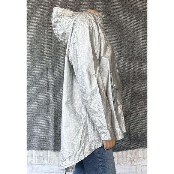 T Alexander Wang Women Sz 4 Anorak Rain Jacket Oversized Metallic Silver Shiny - Picture 6 of 8